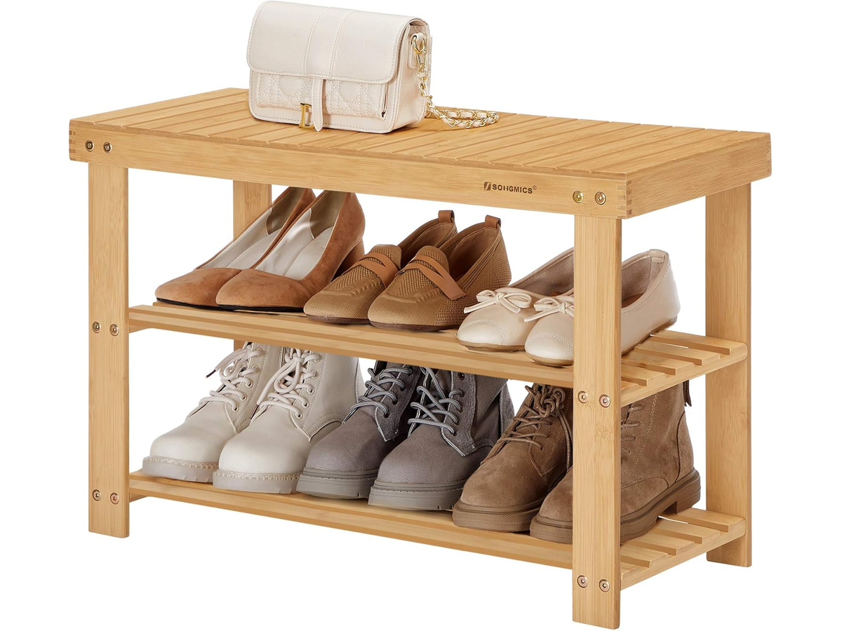 3 Tier Bamboo Shoe Bench with Storage Shelves