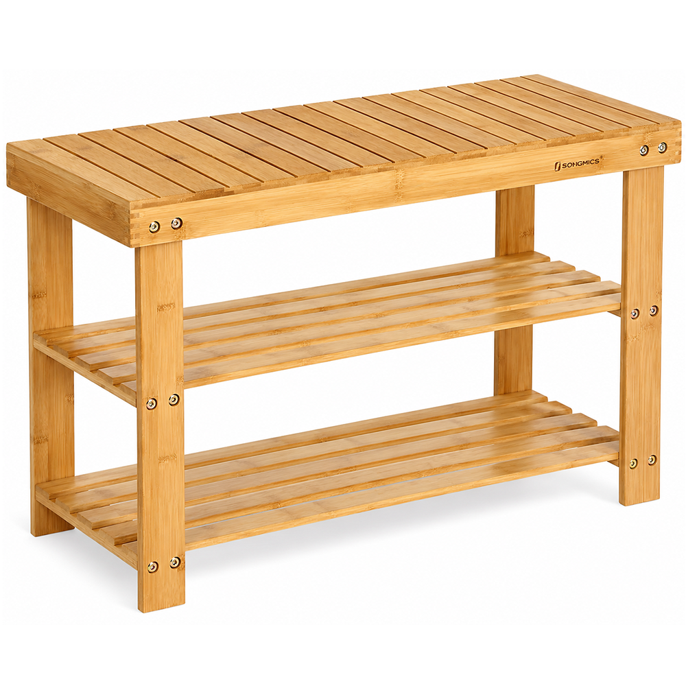 3 Tier Bamboo Shoe Bench with Storage Shelves