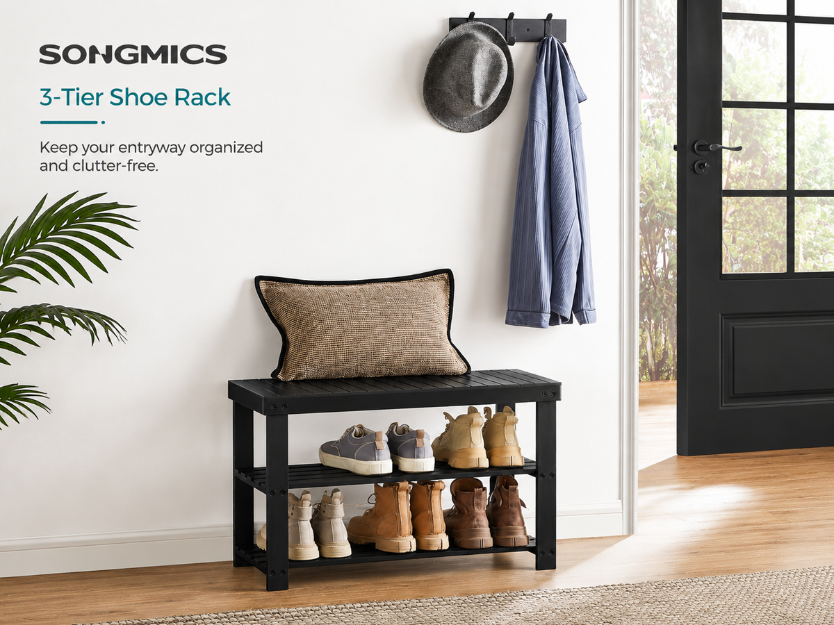 Shoe Rack Bench 3 Tier Bamboo Shoe Storage Organiser Entryway Bench