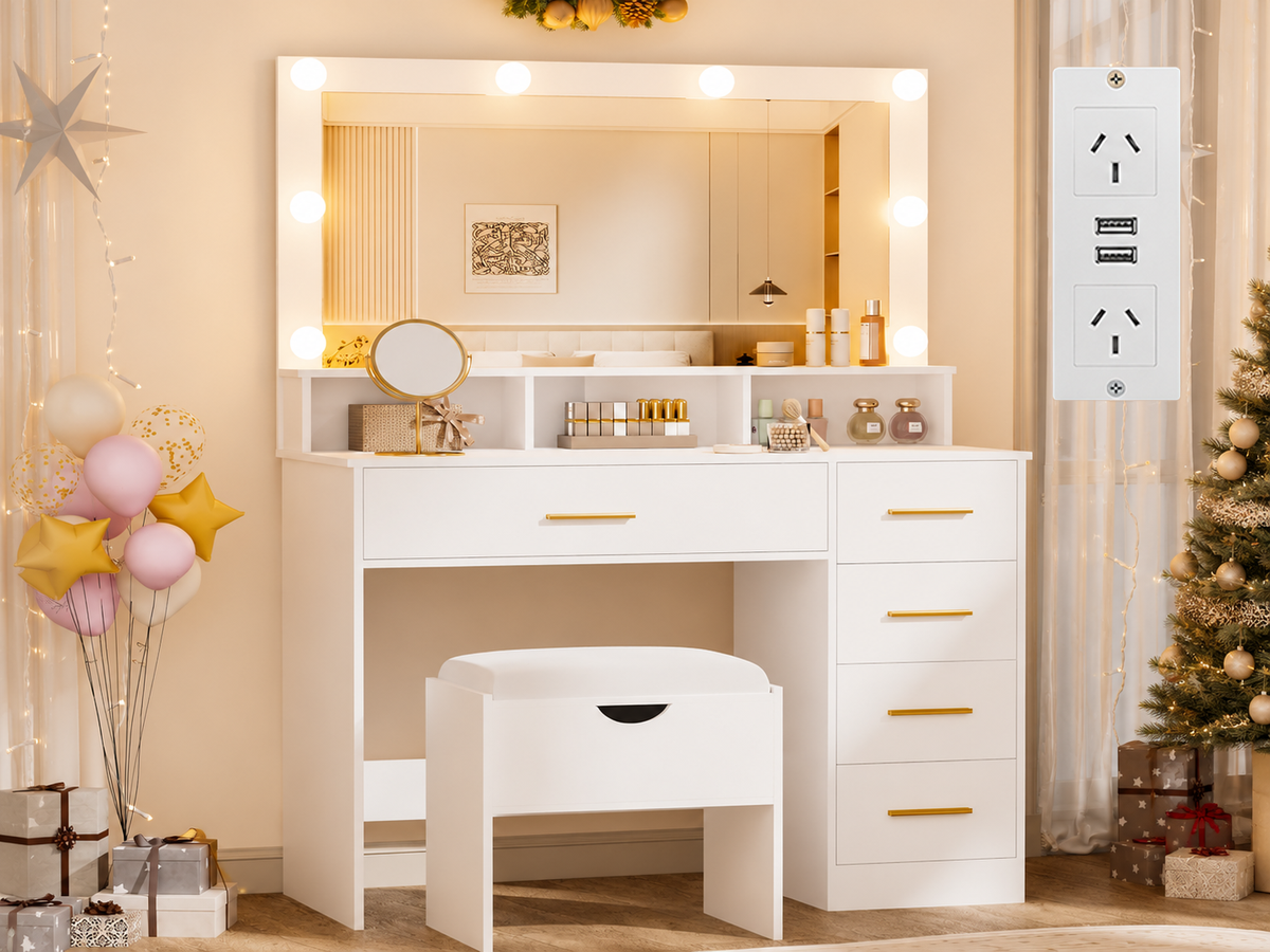 CURA Dressing Table with Mirror 5 Drawers Shelves Power Outlet and Stool