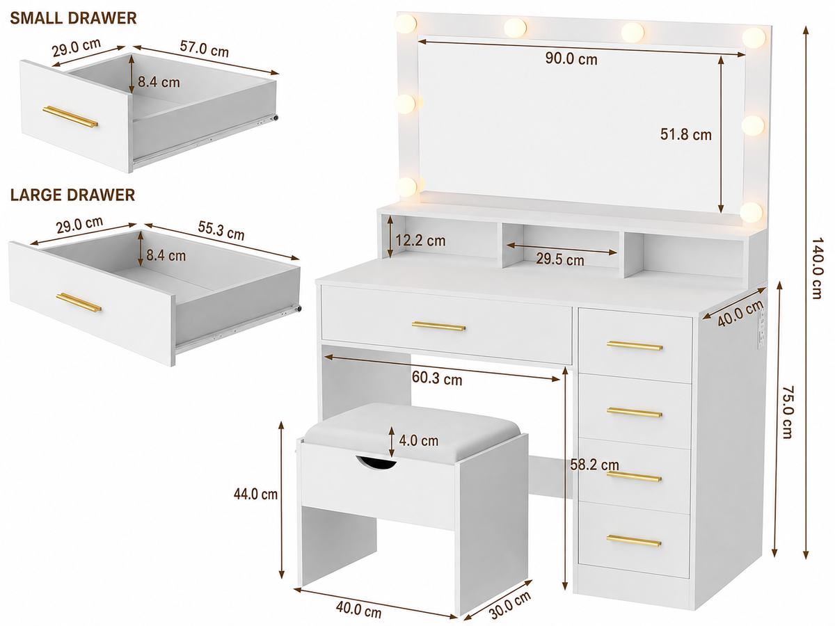 CURA Dressing Table with Mirror 5 Drawers Shelves Power Outlet and Stool