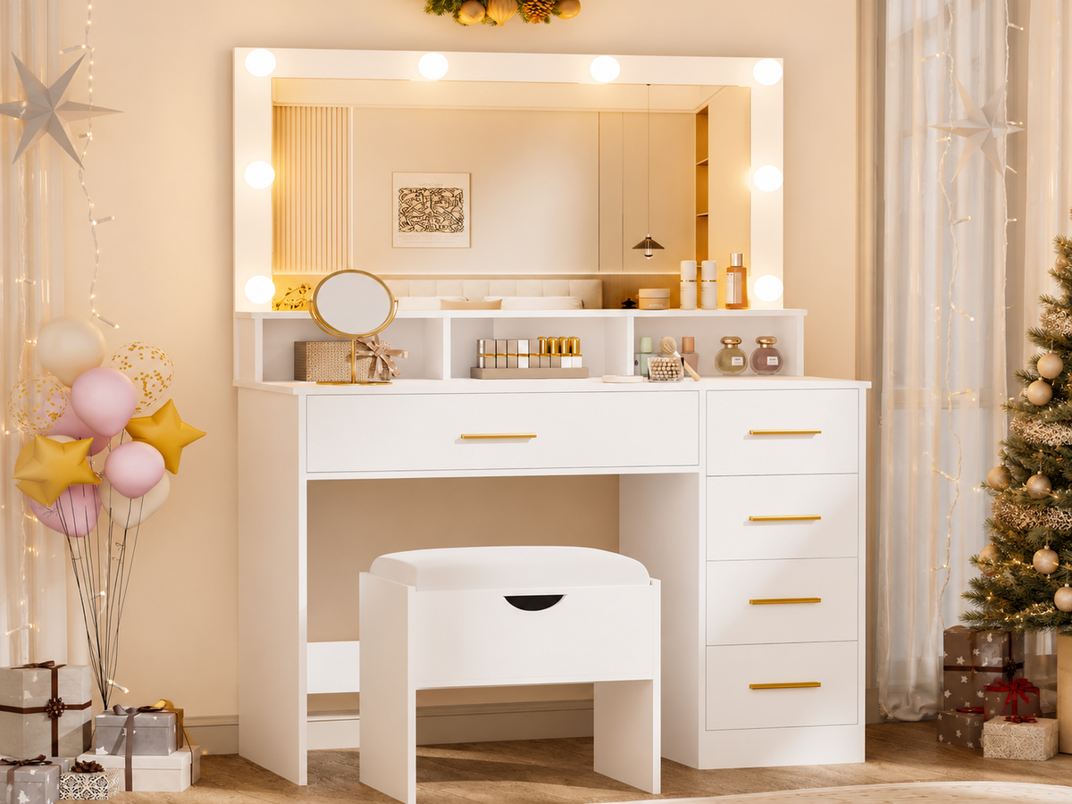 CURA Dressing Table with Mirror 5 Drawers Shelves Power Outlet and Stool
