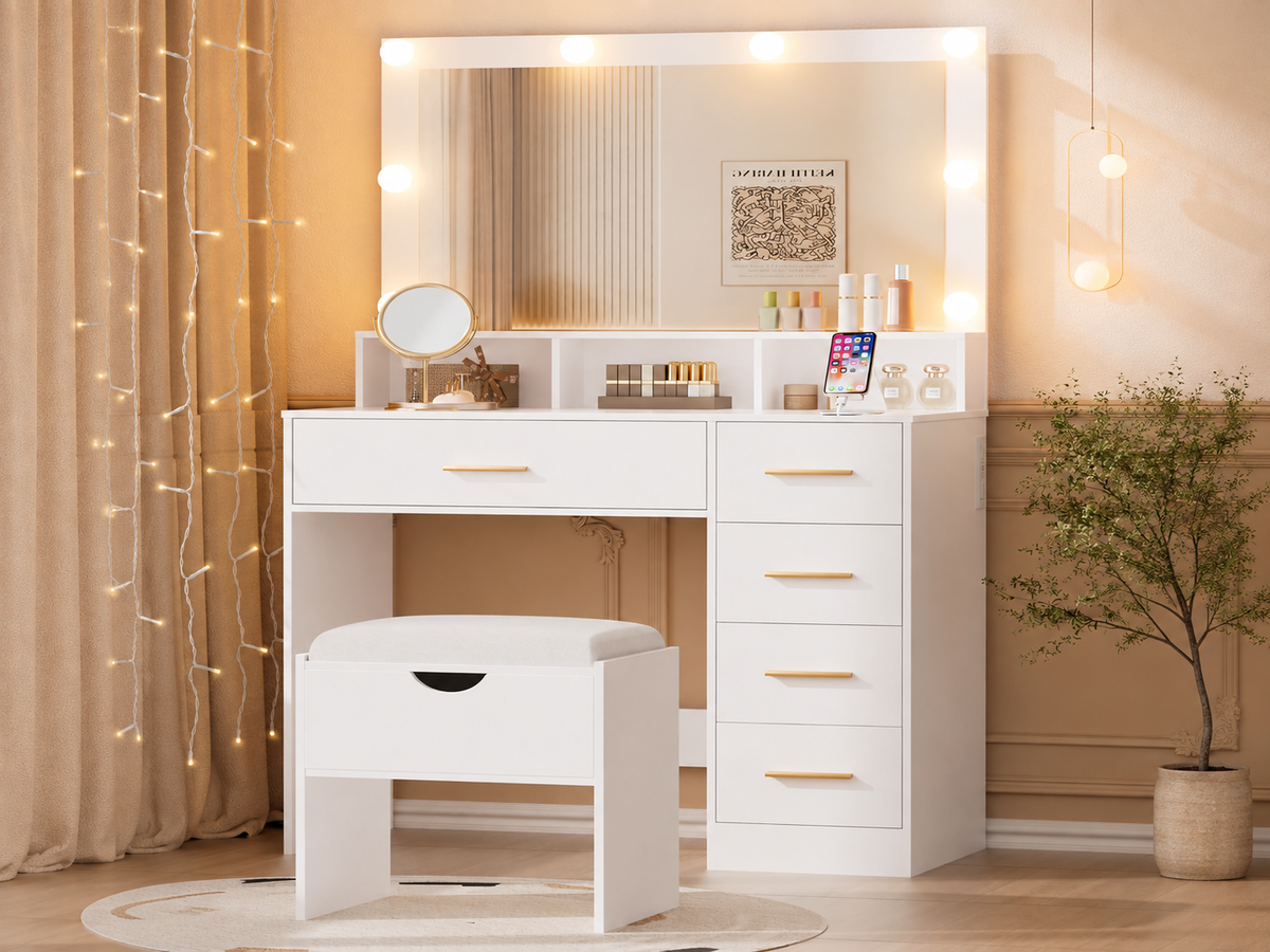 CURA Dressing Table with Mirror 5 Drawers Shelves Power Outlet and Stool