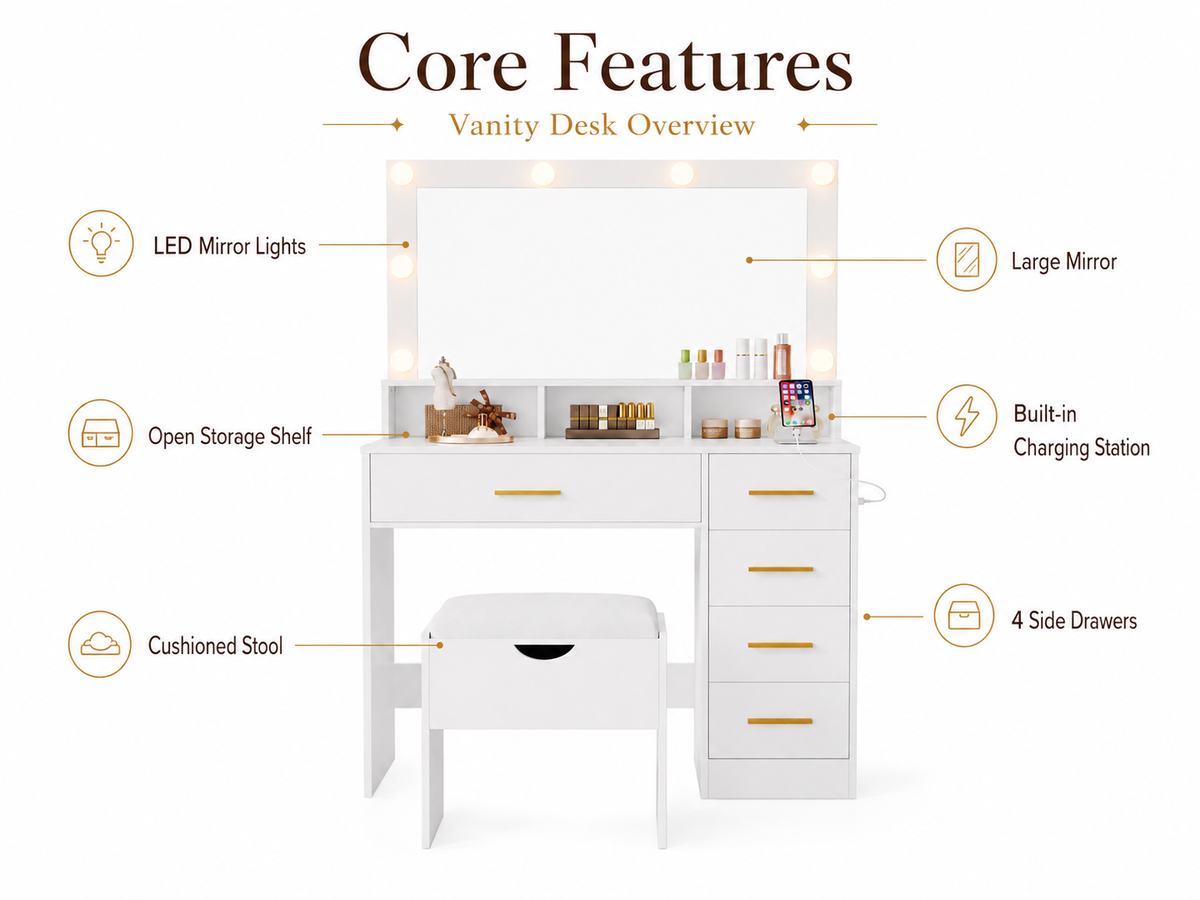 CURA Dressing Table with Mirror 5 Drawers Shelves Power Outlet and Stool