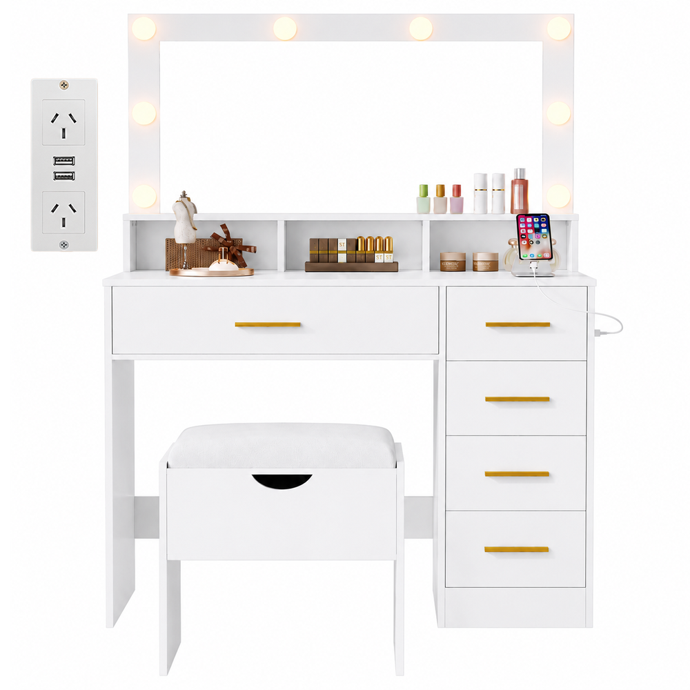 CURA Dressing Table with Mirror 5 Drawers Shelves Power Outlet and Stool
