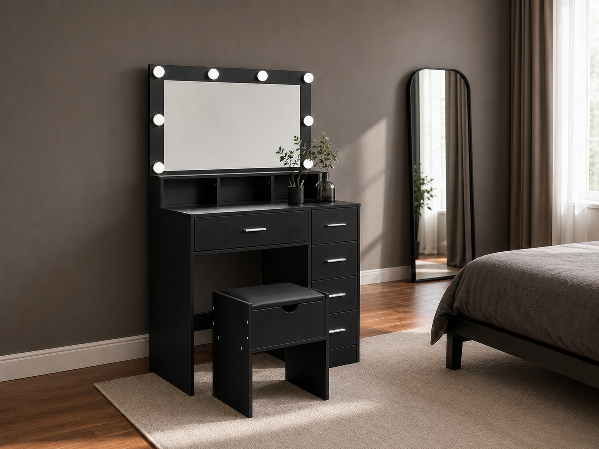 CURA Dressing Table with Mirror 5 Drawers Shelves Power Outlet and Stool