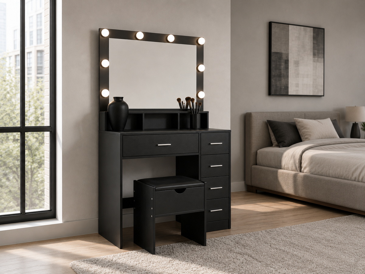 CURA Dressing Table with Mirror 5 Drawers Shelves Power Outlet and Stool