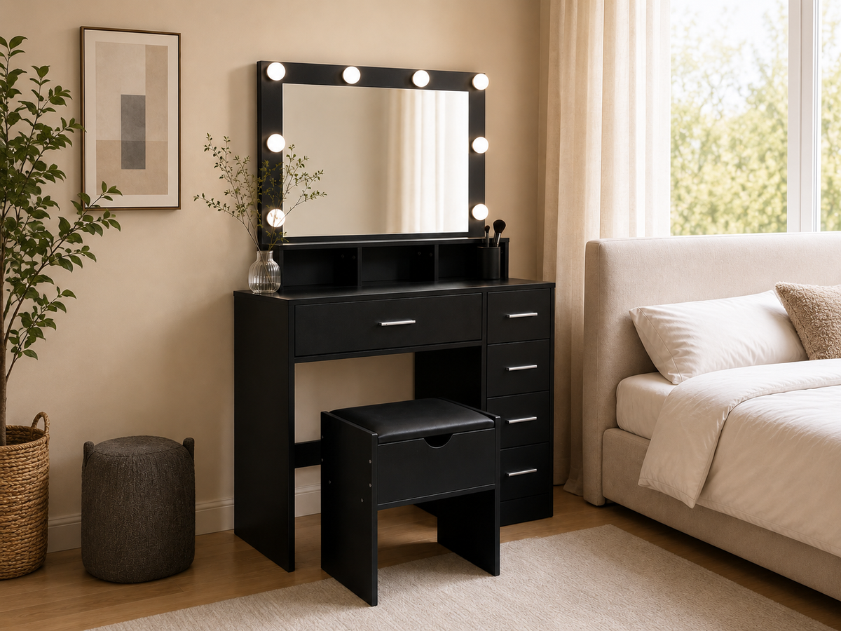 CURA Dressing Table with Mirror 5 Drawers Shelves Power Outlet and Stool