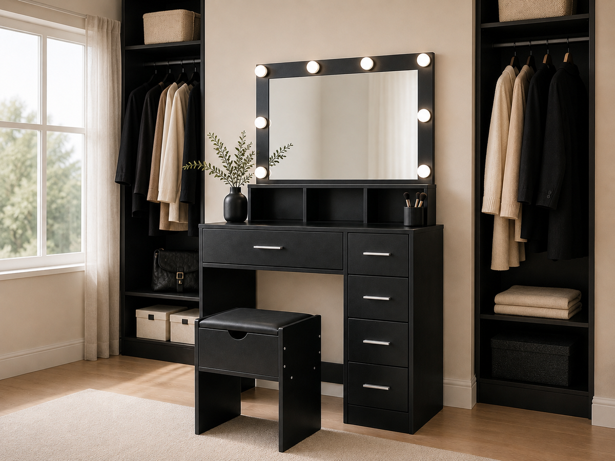 CURA Dressing Table with Mirror 5 Drawers Shelves Power Outlet and Stool