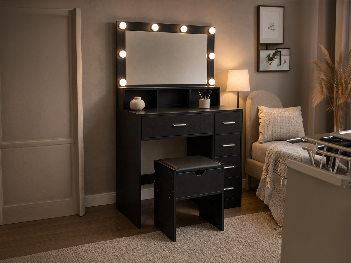 CURA Dressing Table with Mirror 5 Drawers Shelves Power Outlet and Stool