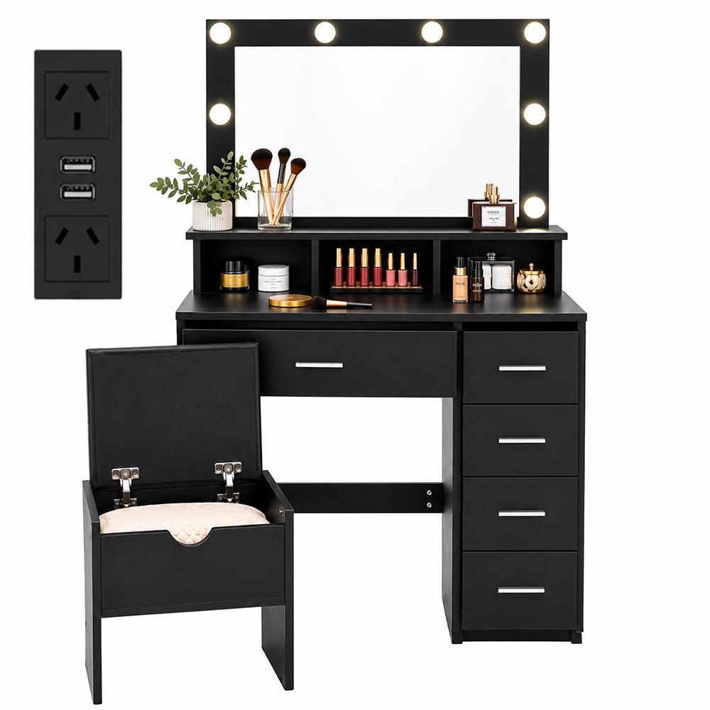 CURA Dressing Table with Mirror 5 Drawers Shelves Power Outlet and Stool