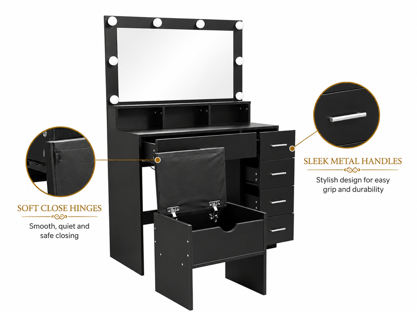 CURA Dressing Table with Mirror 5 Drawers Shelves Power Outlet and Stool
