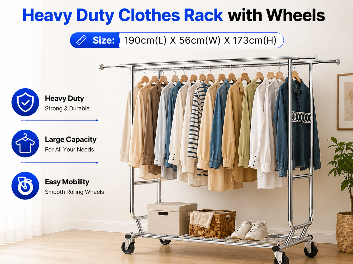 Heavy Duty Metal Clothes Rack Double Rod Garment Storage Rack