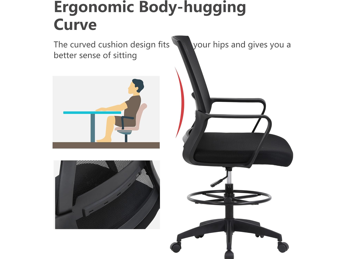 Ergonomic Drafting Chair with Flip-Up Armrests and Footrest Ring