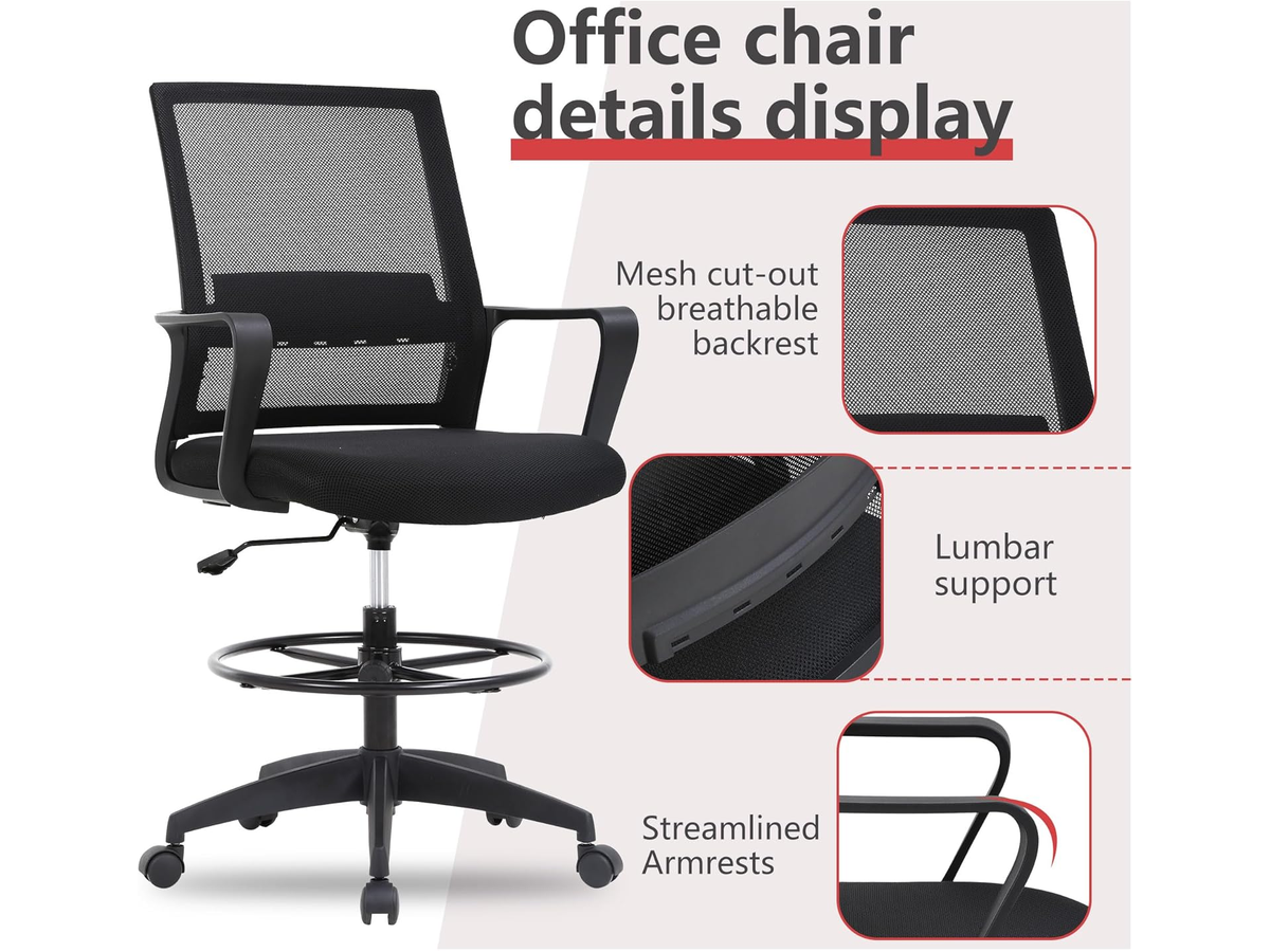 Ergonomic Drafting Chair with Flip-Up Armrests and Footrest Ring