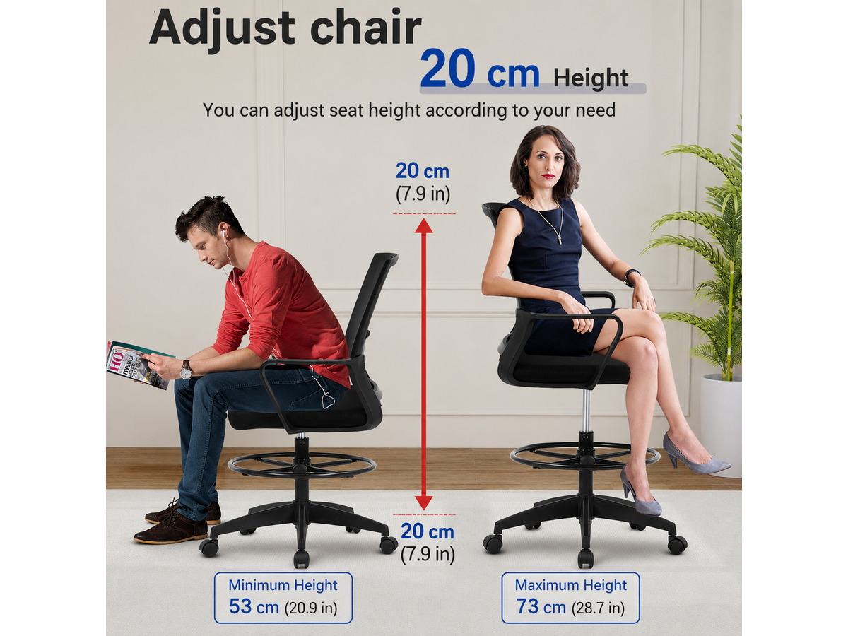 Ergonomic Drafting Chair with Flip-Up Armrests and Footrest Ring