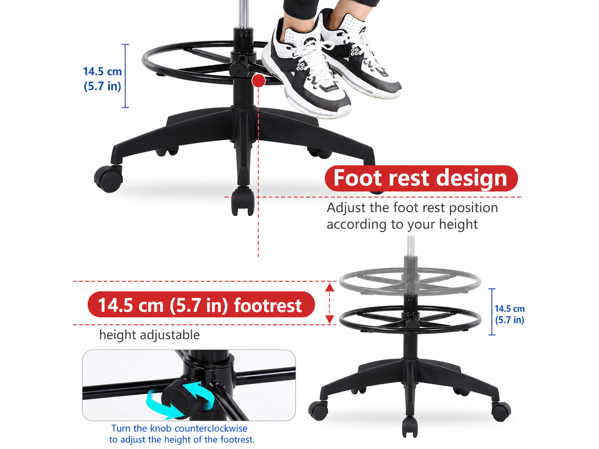 Ergonomic Drafting Chair with Flip-Up Armrests and Footrest Ring