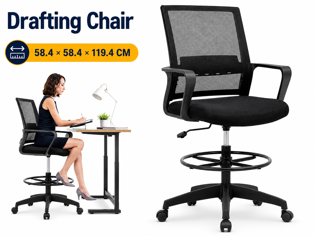 Ergonomic Drafting Chair with Flip-Up Armrests and Footrest Ring
