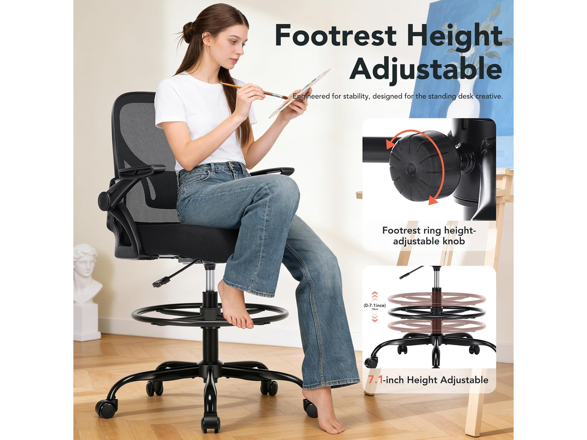 Ergonomic Drafting Chair with Flip-Up Armrests and Footrest Ring