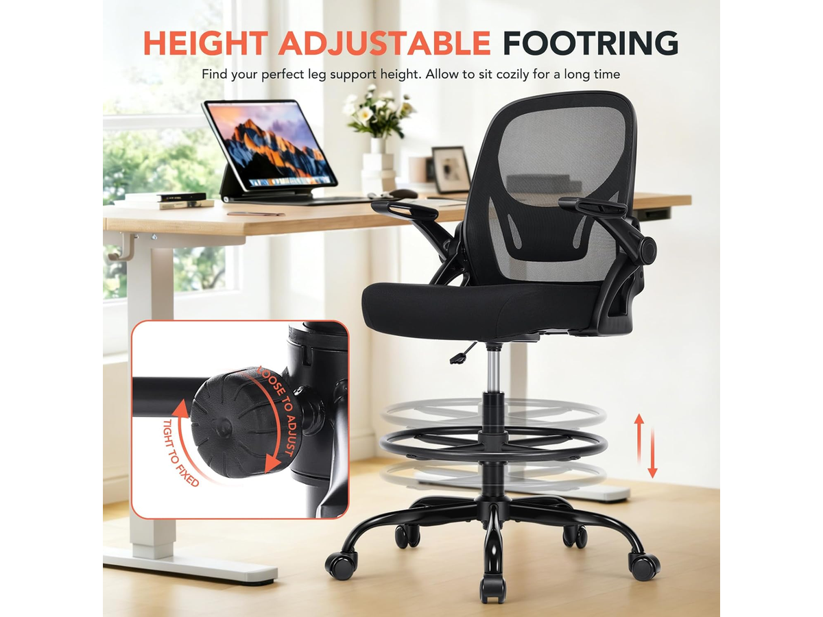 Ergonomic Drafting Chair with Flip-Up Armrests and Footrest Ring