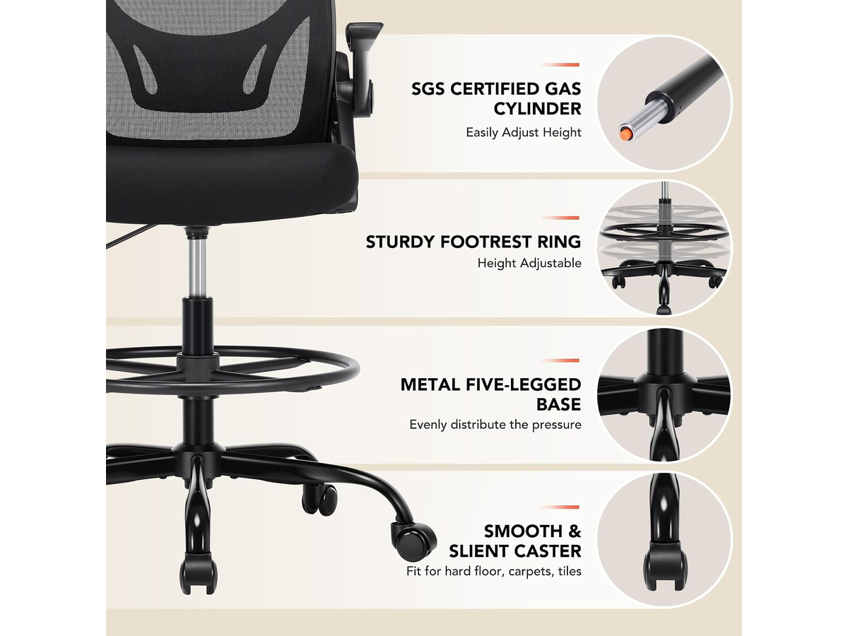 Ergonomic Drafting Chair with Flip-Up Armrests and Footrest Ring