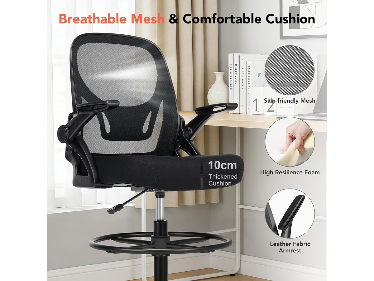 Ergonomic Drafting Chair with Flip-Up Armrests and Footrest Ring
