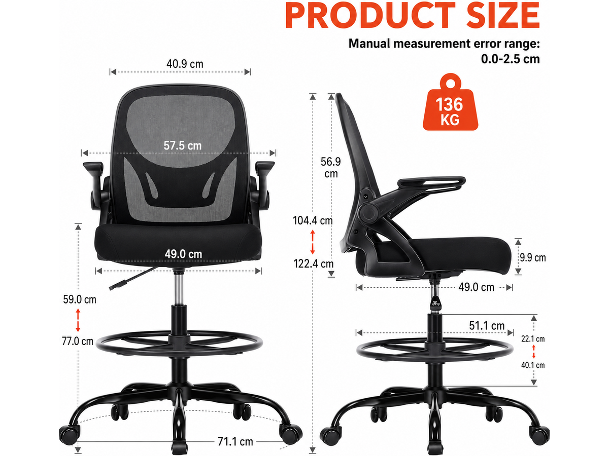 Ergonomic Drafting Chair with Flip-Up Armrests and Footrest Ring