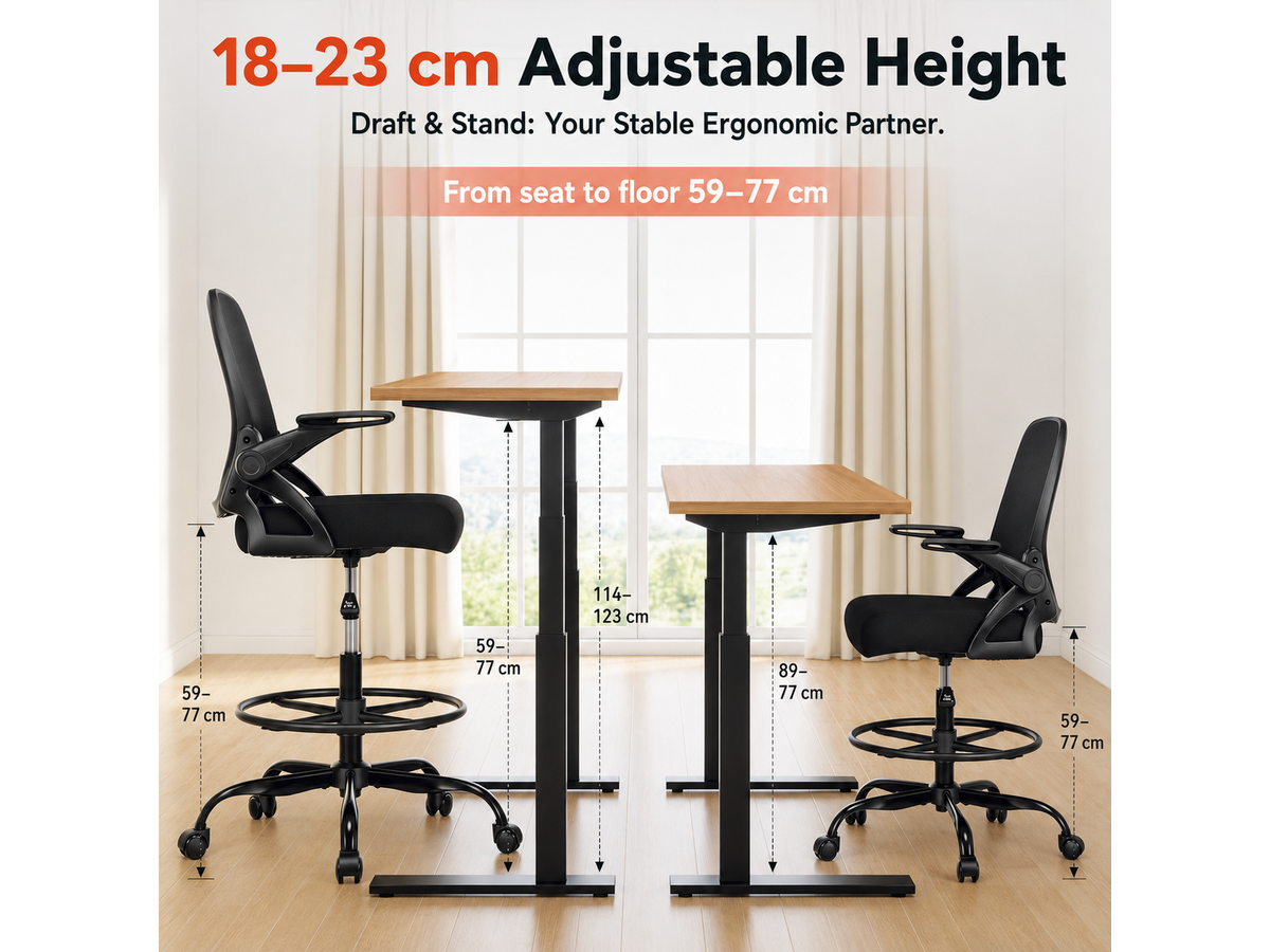 Ergonomic Drafting Chair with Flip-Up Armrests and Footrest Ring