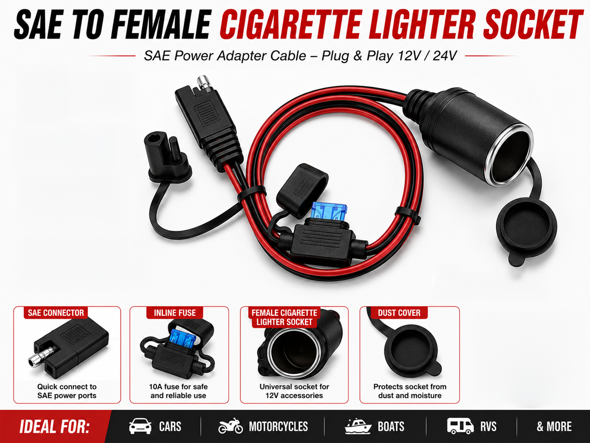 SAE to Female Cigarette Lighter Socket Extension Cable 12V 24V Battery Adapter
