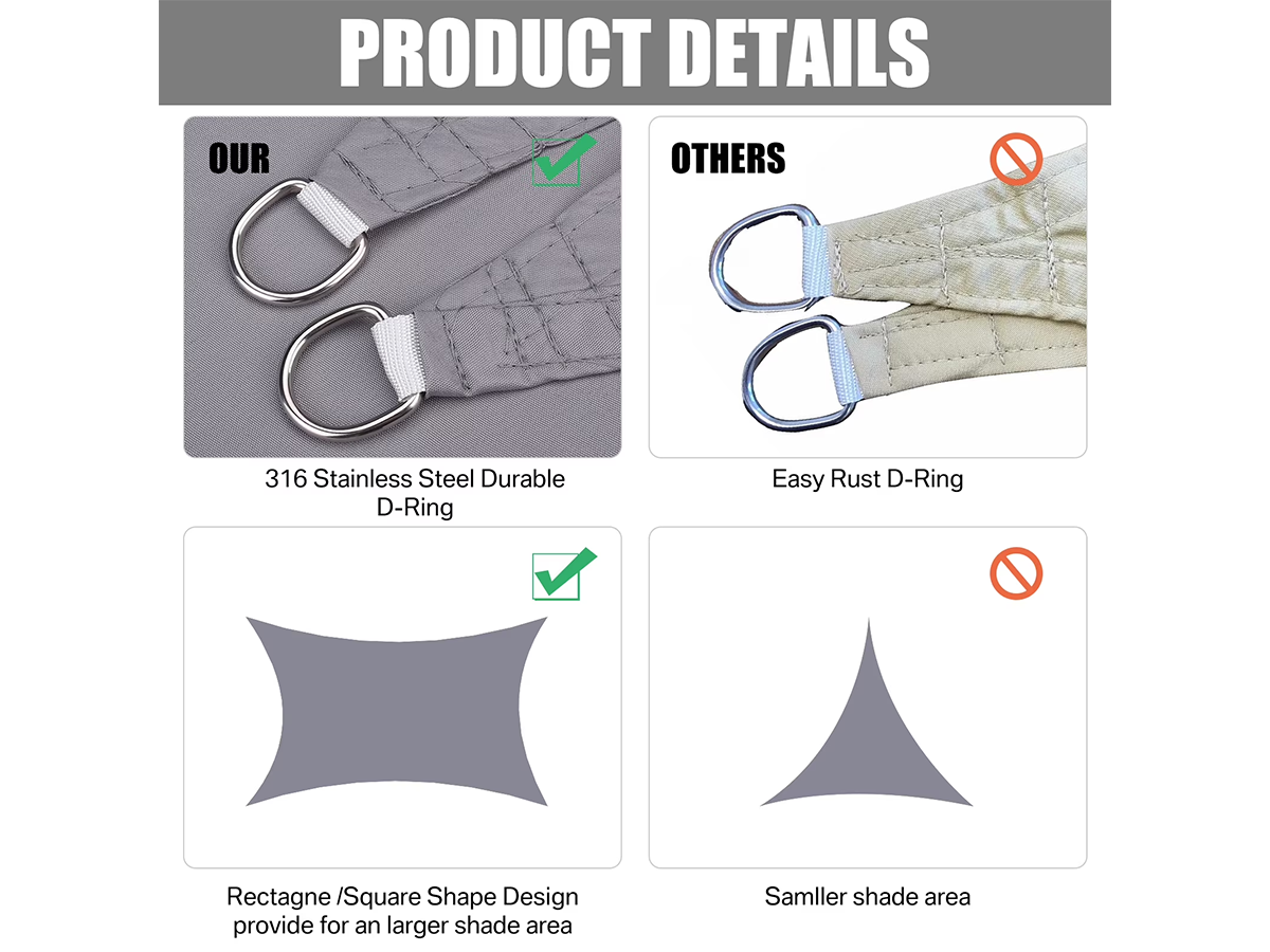 Waterproof Shade Sail 3x5M Rectangle Waterproof Shade Sail UV Protection Canopy Light Grey