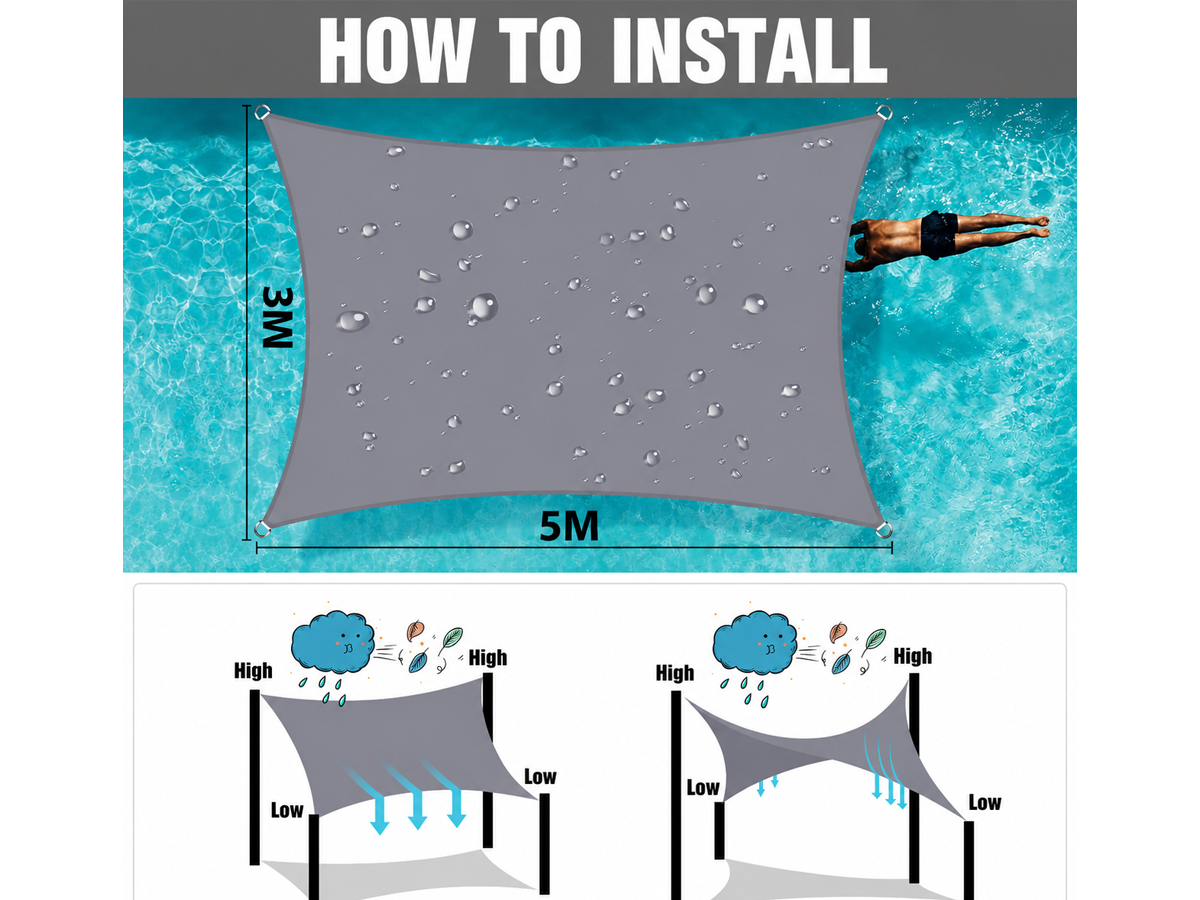 Waterproof Shade Sail 3x5M Rectangle Waterproof Shade Sail UV Protection Canopy Light Grey