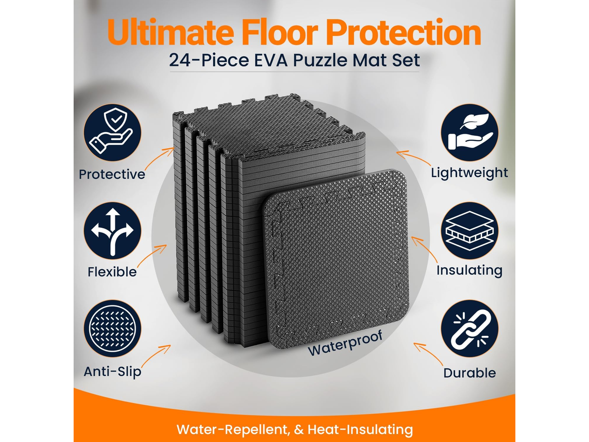 Floor Protect Exercise Equipment Mat 24 Piece Interlocking Foam Tiles