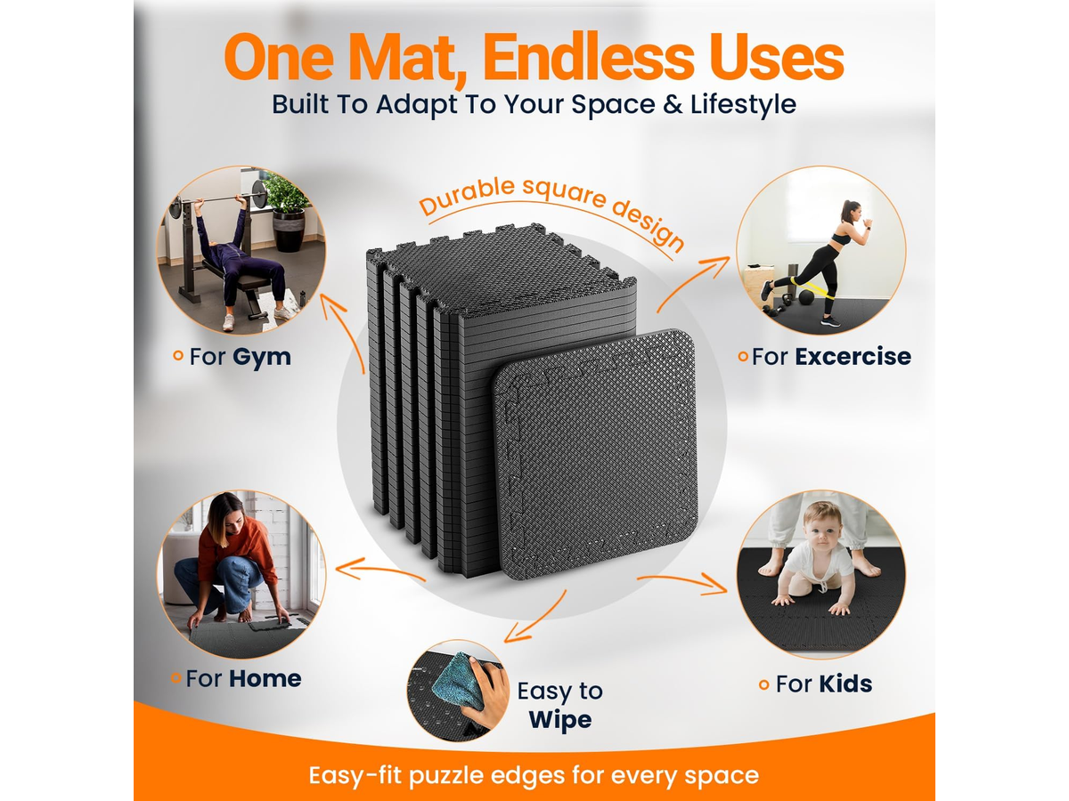 Floor Protect Exercise Equipment Mat 24 Piece Interlocking Foam Tiles
