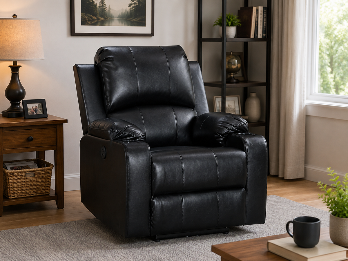 Power Recliner Chair Leather Gel Black Electric Reclining Armchair with USB