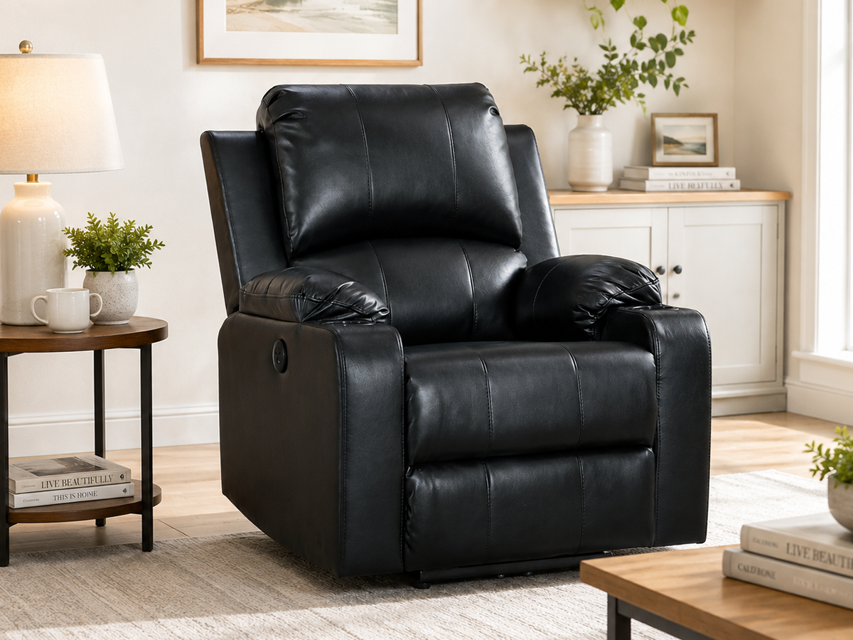Power Recliner Chair Leather Gel Black Electric Reclining Armchair with USB