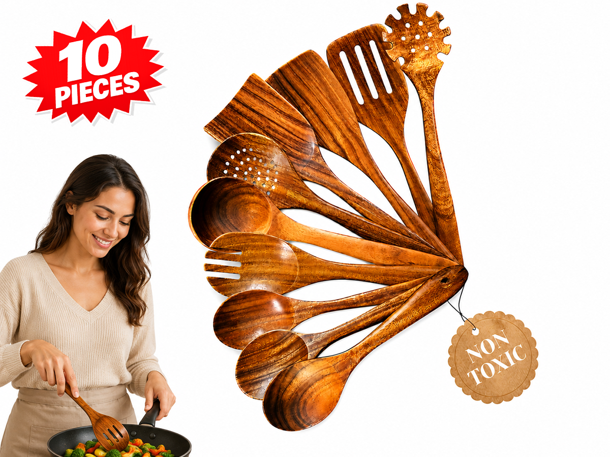 Wooden Kitchen Utensils Set 10 Piece Teak Wood Cooking Utensil Set
