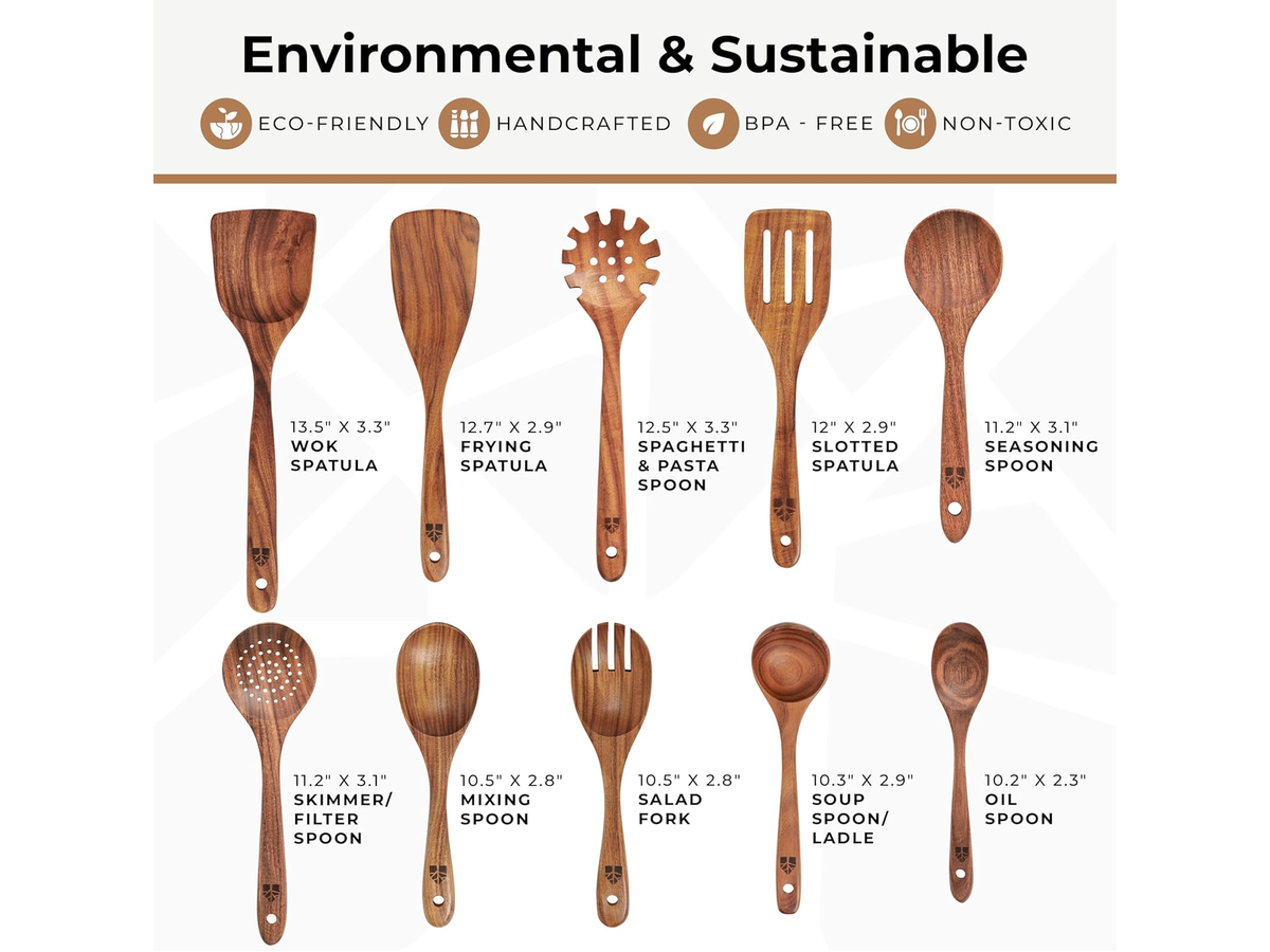 Wooden Kitchen Utensils Set 10 Piece Teak Wood Cooking Utensil Set