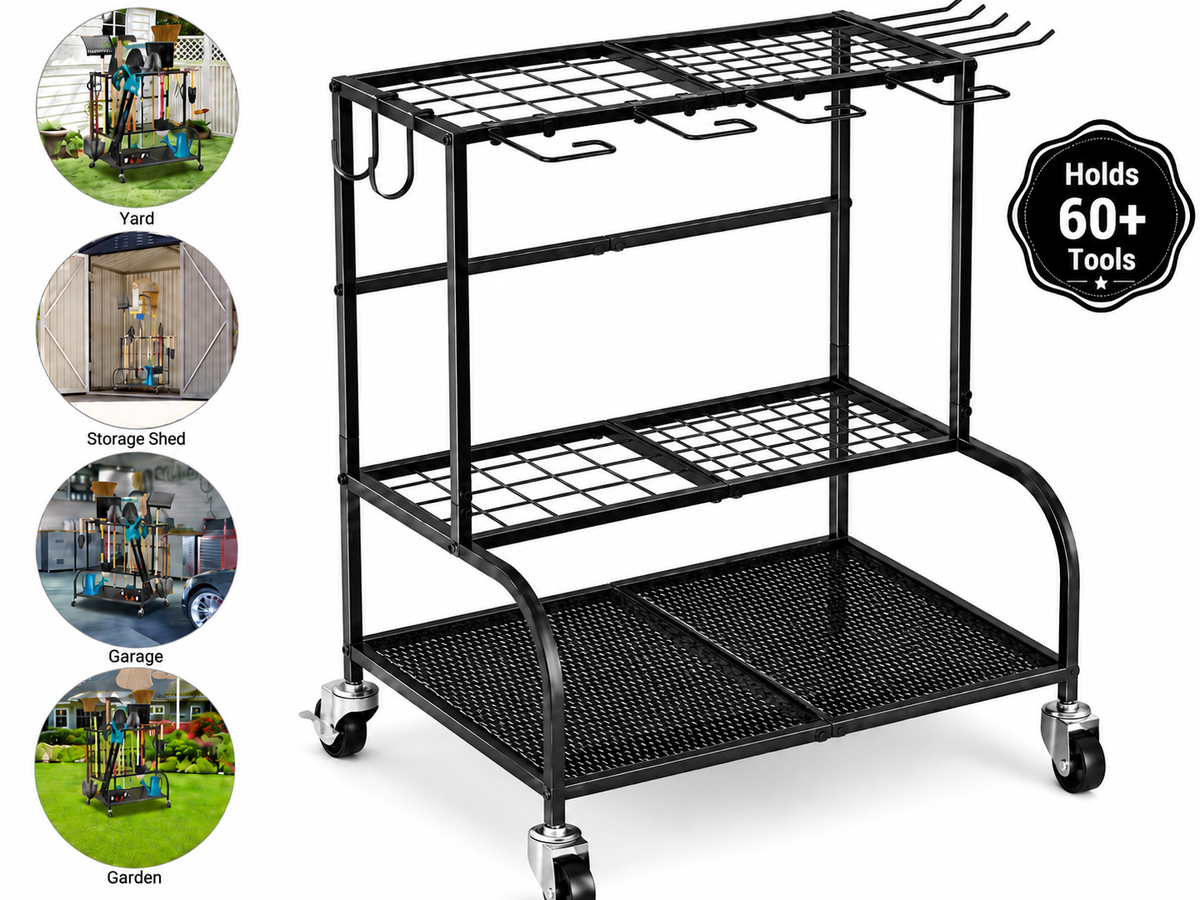 Garden Tool Organizer Rack Heavy Duty Garden Tool Organizer Rack with Wheels & Hooks