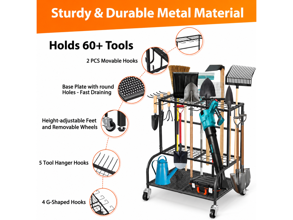 Garden Tool Organizer Rack Heavy Duty Garden Tool Organizer Rack with Wheels & Hooks