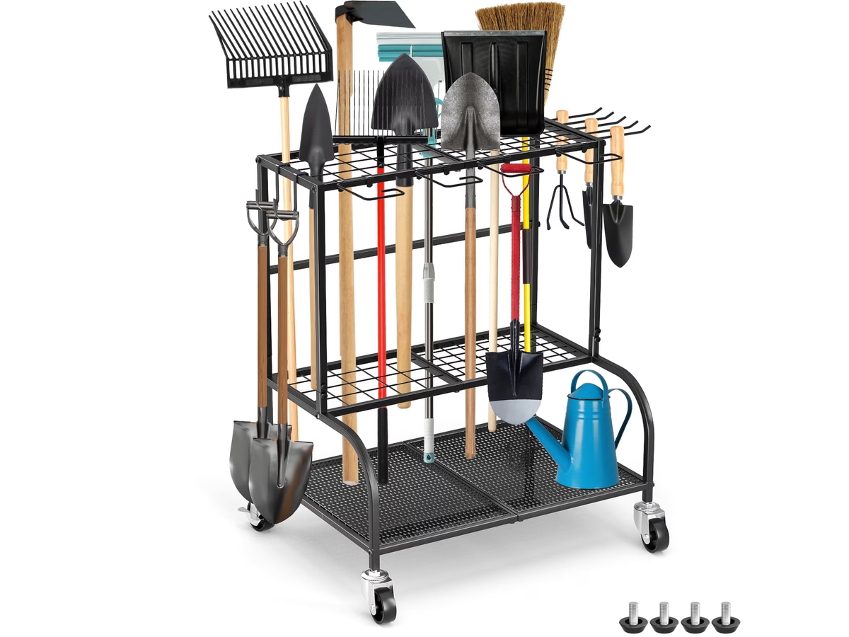 Garden Tool Organizer Rack Heavy Duty Garden Tool Organizer Rack with Wheels & Hooks