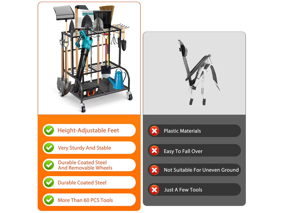 Garden Tool Organizer Rack Heavy Duty Garden Tool Organizer Rack with Wheels & Hooks