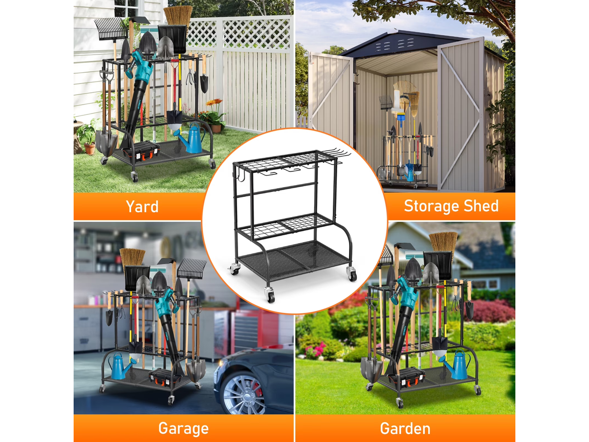 Garden Tool Organizer Rack Heavy Duty Garden Tool Organizer Rack with Wheels & Hooks