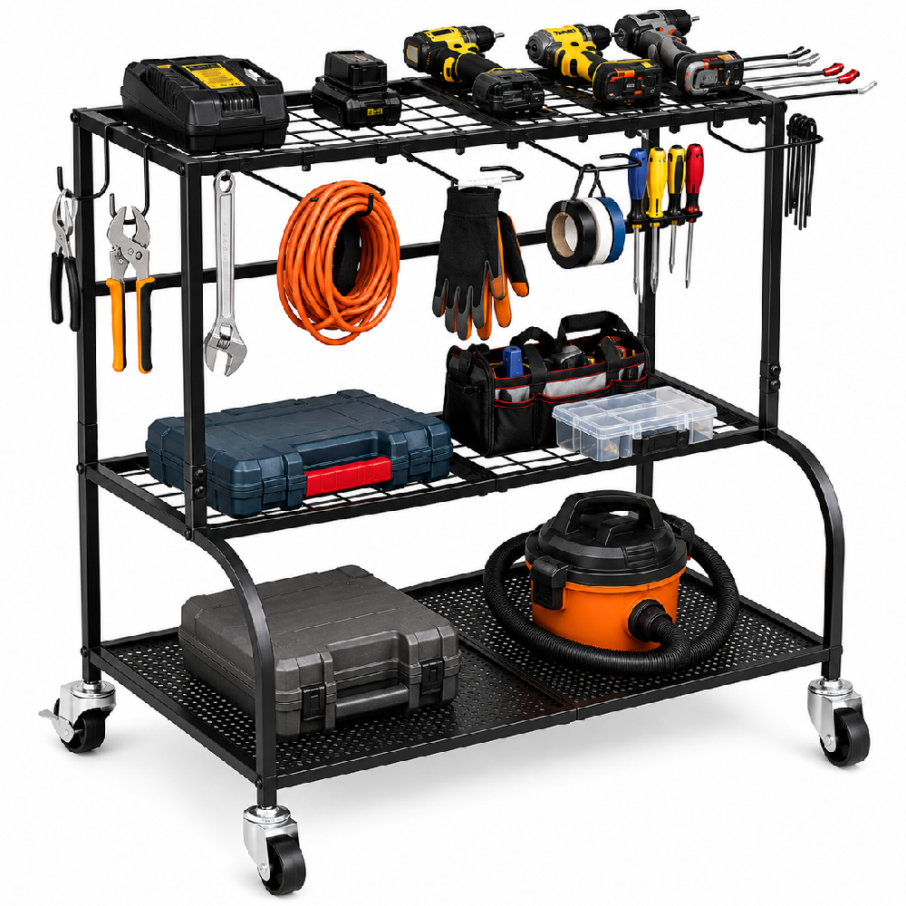 Garden Tool Organizer Rack Heavy Duty Garden Tool Organizer Rack with Wheels & Hooks