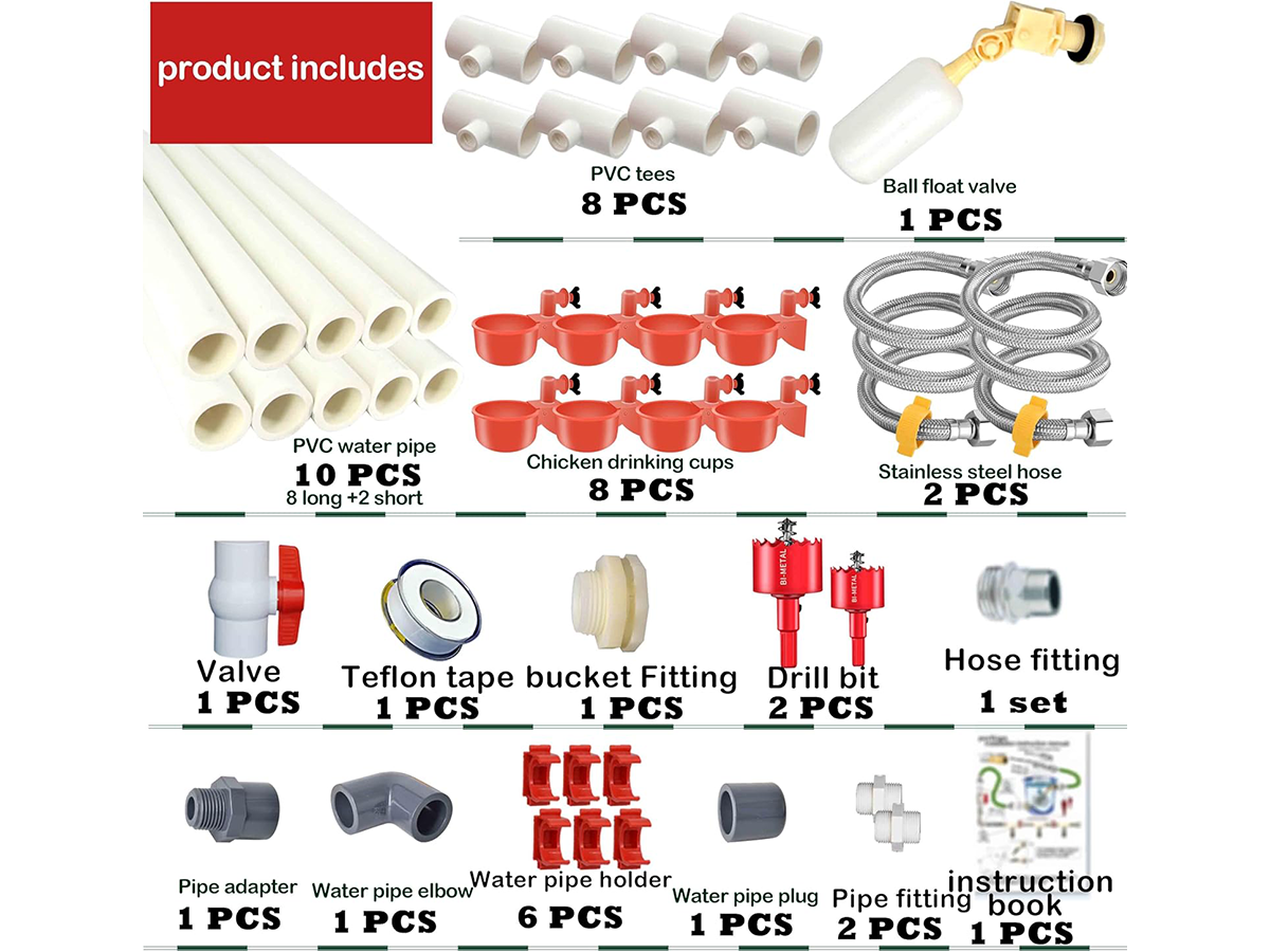Chicken Waterer Set Automatic Poultry Watering System with 8 Cups and Float Valve