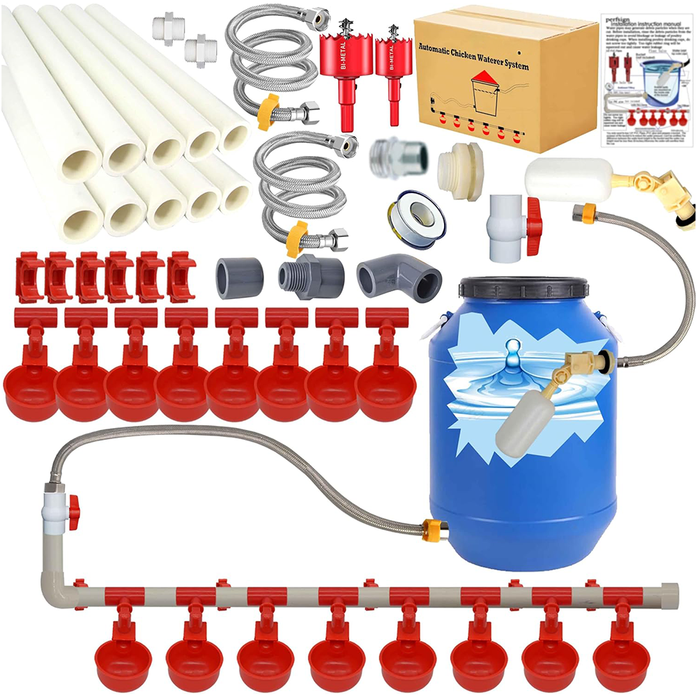 Chicken Waterer Set Automatic Poultry Watering System with 8 Cups and Float Valve