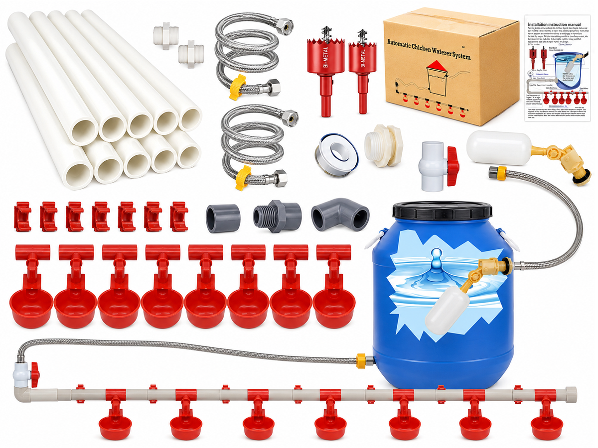 Chicken Waterer Set Automatic Poultry Watering System with 8 Cups and Float Valve