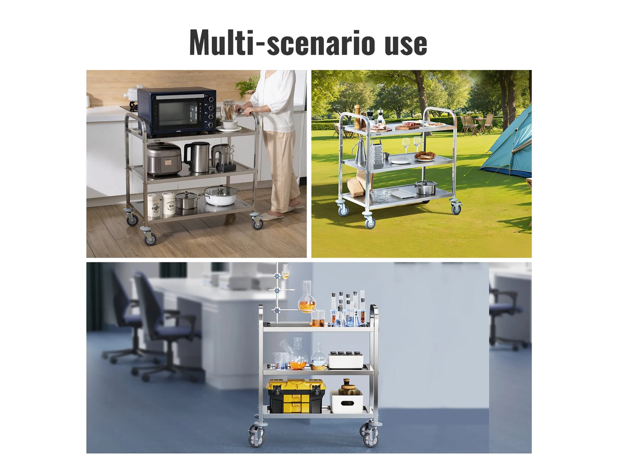 Stainless Steel Kitchen Trolley 3 Tier Heavy Duty Utility Cart with Lockable Wheels