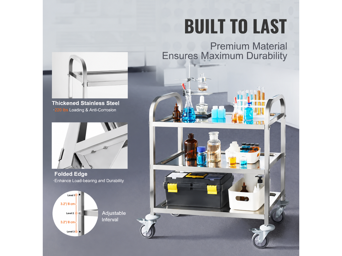 Stainless Steel Kitchen Trolley 3 Tier Heavy Duty Utility Cart with Lockable Wheels