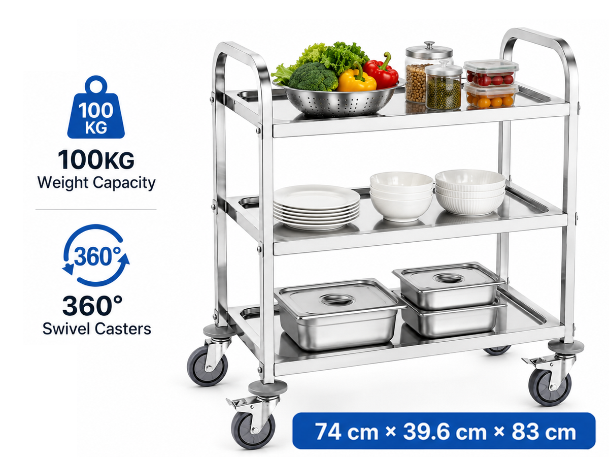 Stainless Steel Kitchen Trolley 3 Tier Heavy Duty Utility Cart with Lockable Wheels