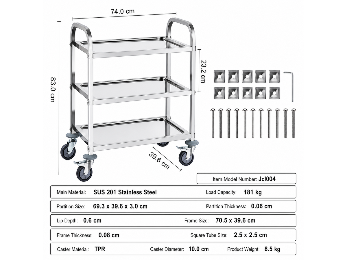 Stainless Steel Kitchen Trolley 3 Tier Heavy Duty Utility Cart with Lockable Wheels